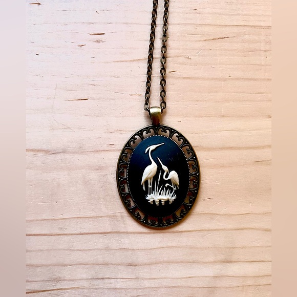 Handmade Goth/Whimsygoth/Witchy Crane/Heron Cameo 
Vintage Inspired Necklace - Picture 3 of 4